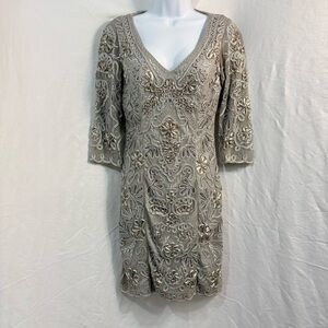 Y2K Sue Wong Floral Embroidered Mini Dress in Taupe